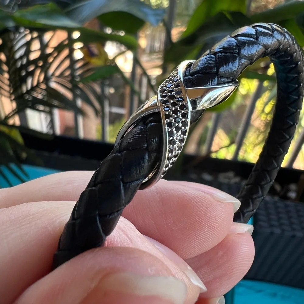 Black Braided Leather Bracelet with Black CZ Pavé Accent